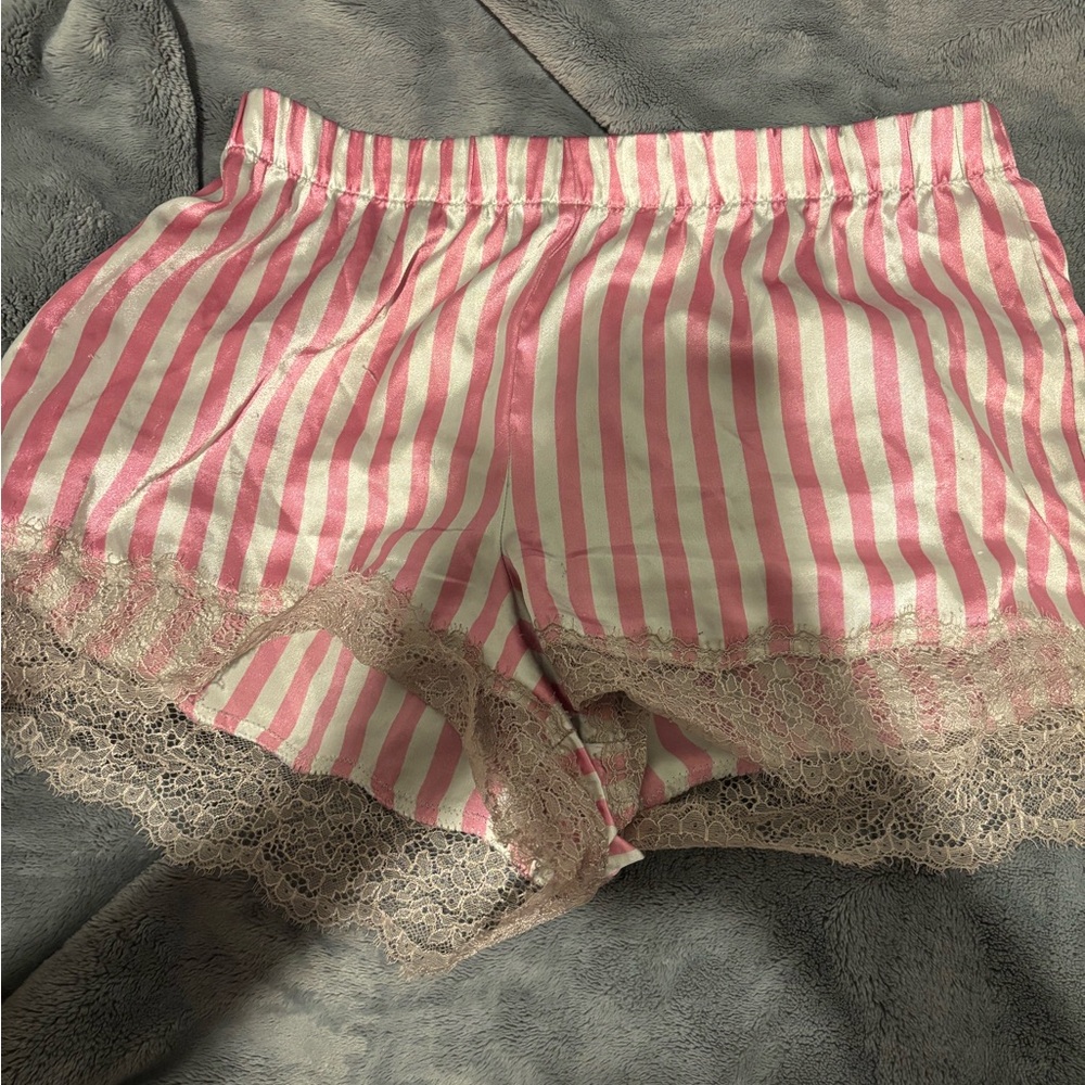 Victoria's Secret Pink and White Striped Pajama Set with Lace Trim